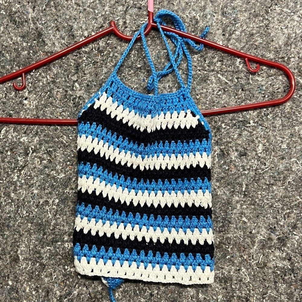 BP. Womens Crochet Halter Top Blue White Black‎ Striped Knit XXS Boho Festival